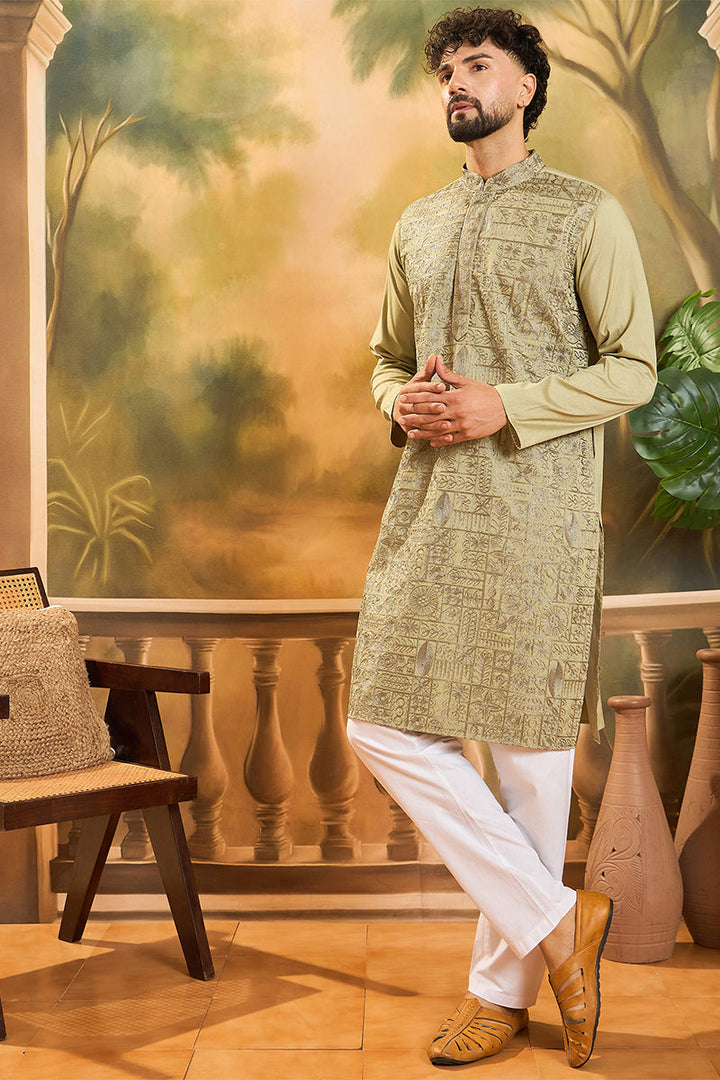 Green Silk Blend Solid Embroidered Straight Kurta | SHOBITAM