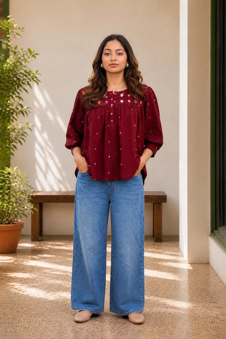 Amara Wine Jamdani Top | SHOBITAM