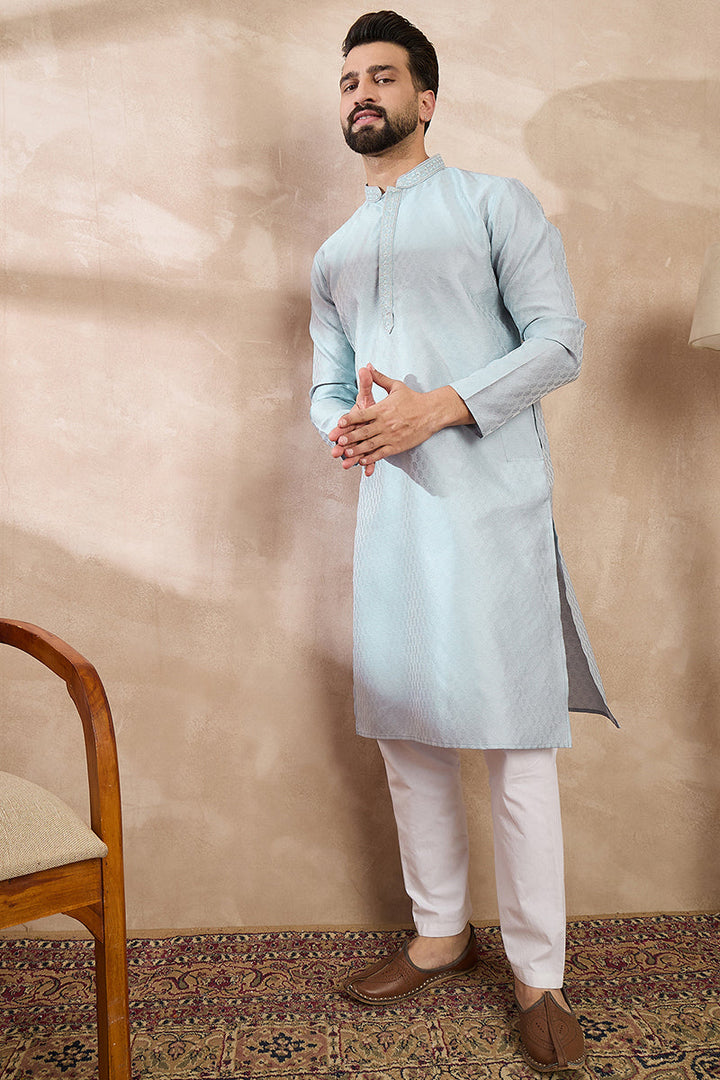 Blue Silk Blend Solid Woven Design Straight Kurta With Trouser | SHOBITAM