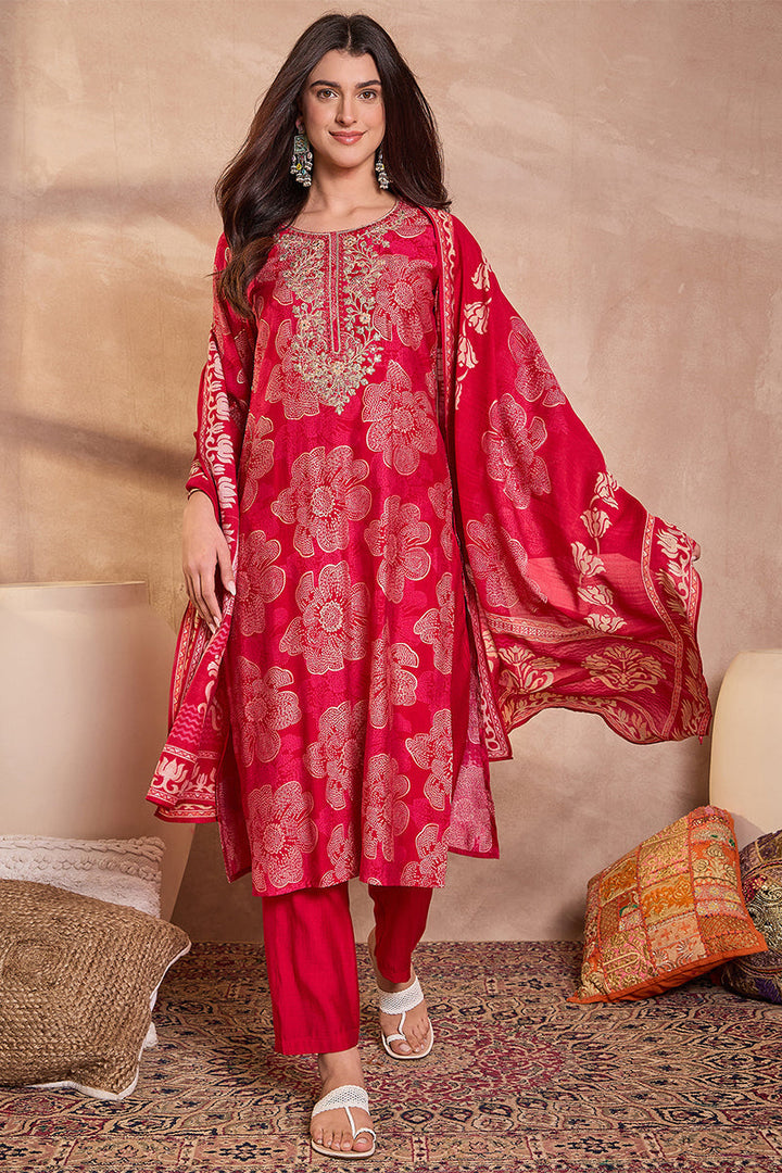 Pink Poly Silk Floral Printed Straight Kurta Trouser With Dupatta | SHOBITAM