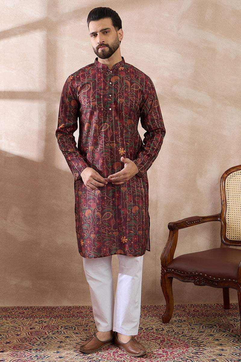 Maroon Silk Blend Printed Mandarin Collar Straight Kurta | SHOBITAM