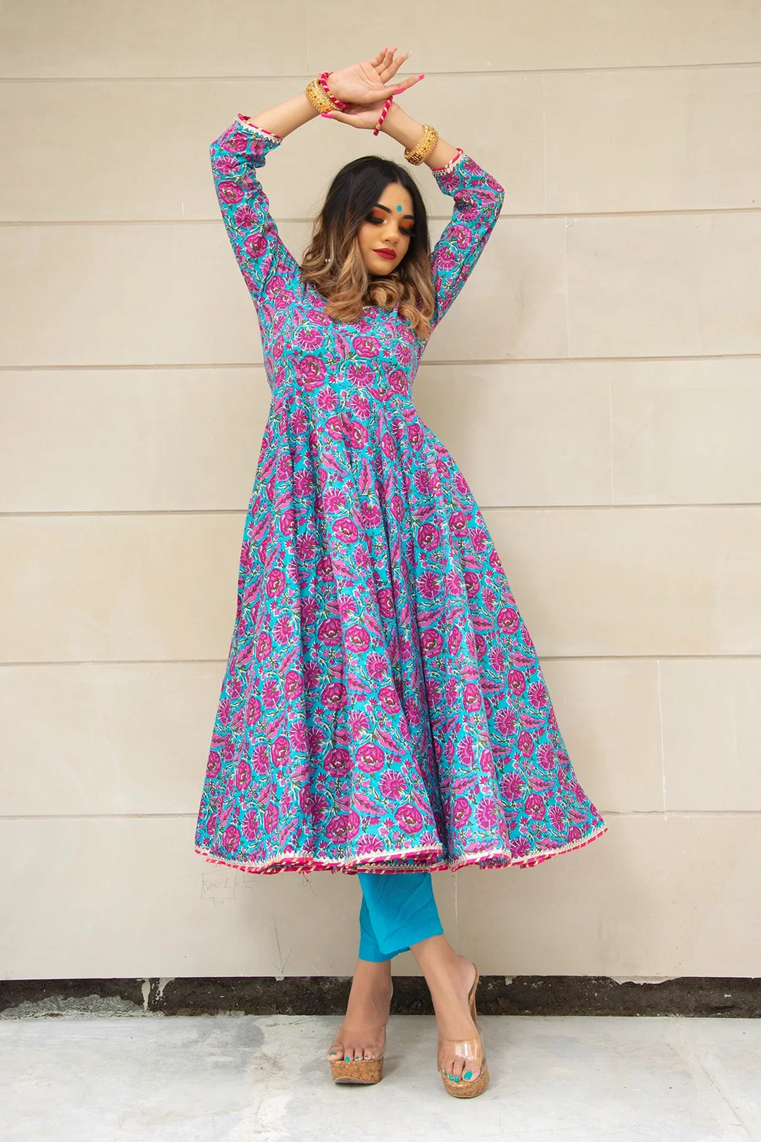 CHITRA HAND BLOCK COTTON ANARKALI SET | SHOBITAM