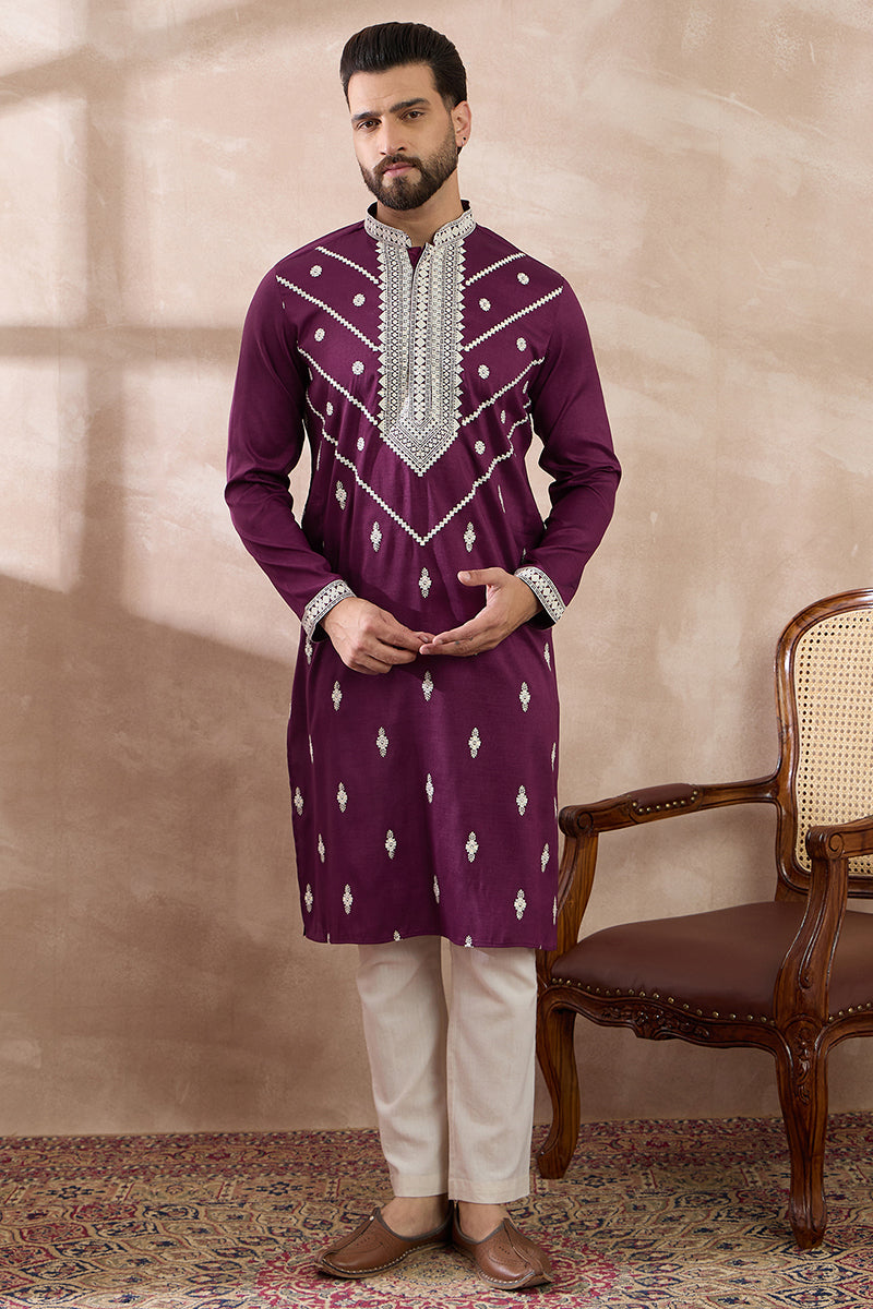 Purple Silk Embroidered Mandarin Collar Straight Kurta | SHOBITAM