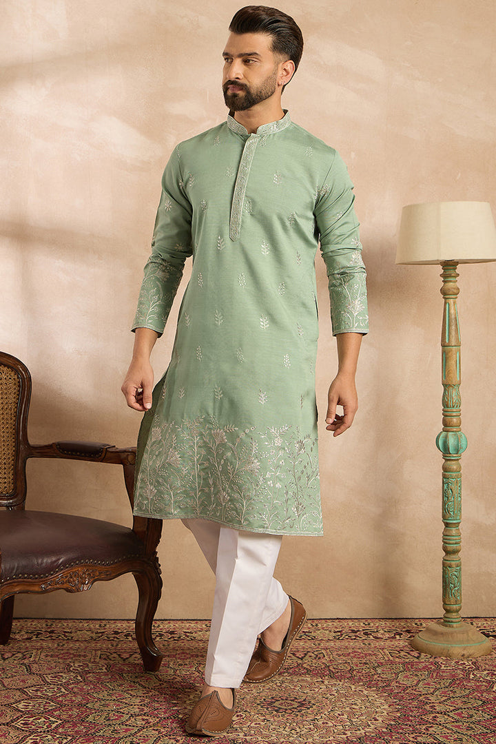 Green Silk Blend Solid Embroidered Straight Kurta With Trouser | SHOBITAM