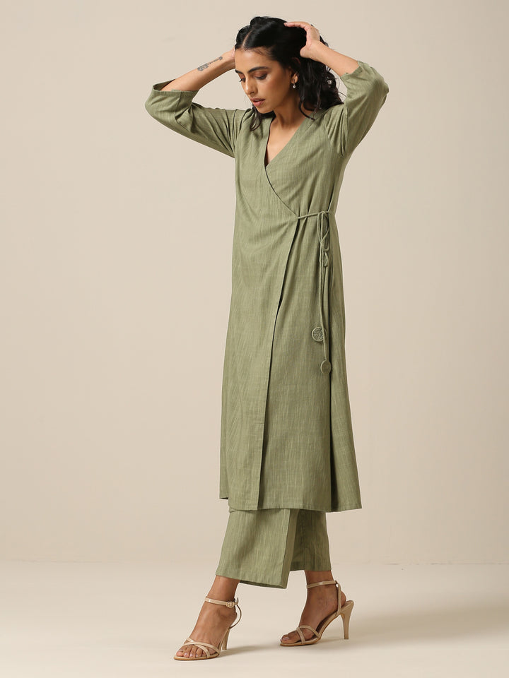 Sage Slub Texture Angrakha Pant Set | SHOBITAM