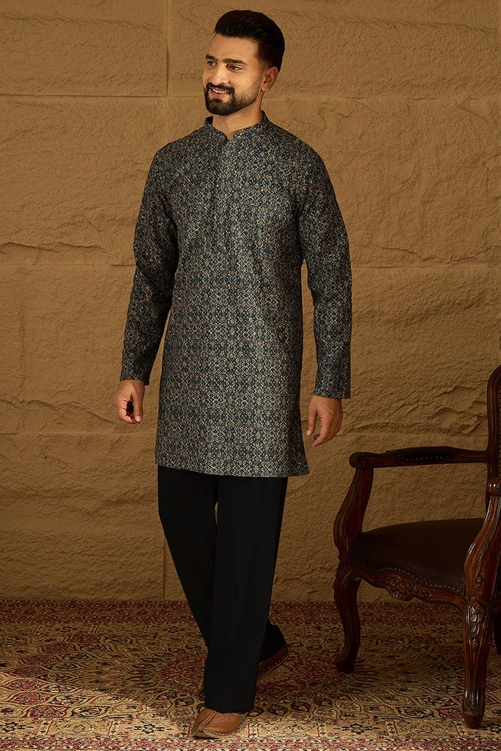 Navy Blue Viscose Rayon Geometric Printed Straight Kurta  | SHOBITAM