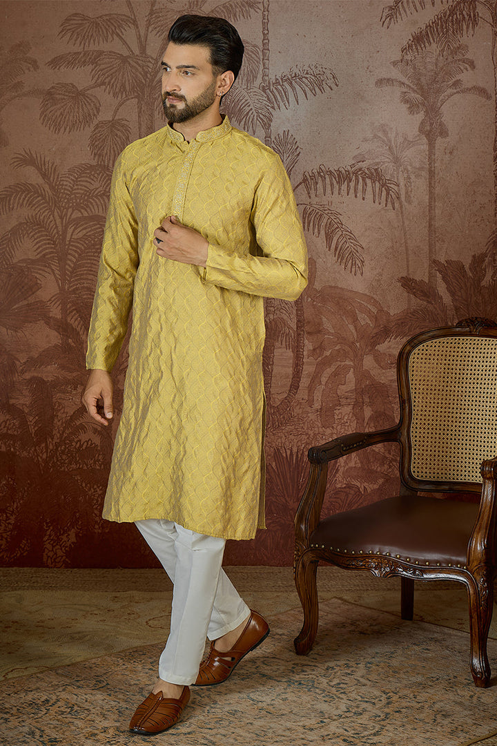 Mens Yellow Jacquard Solid Embroidered Kurta | SHOBITAM