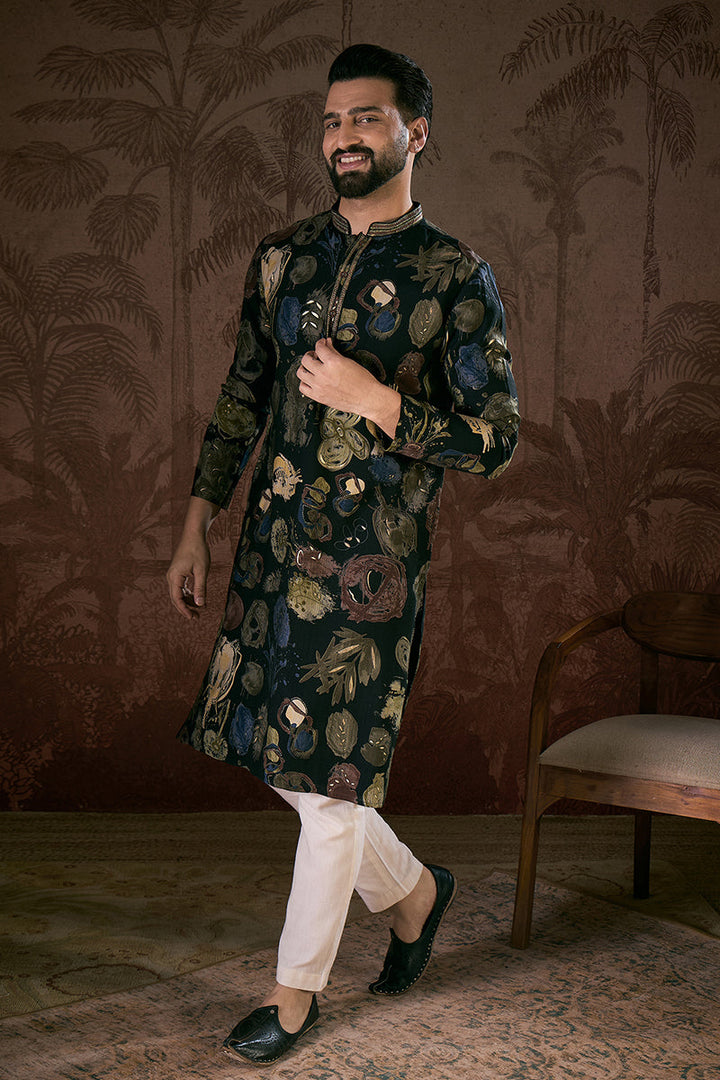 Black Silk Blend Floral Printed Straight Kurta With Trouser| SHOBITAM