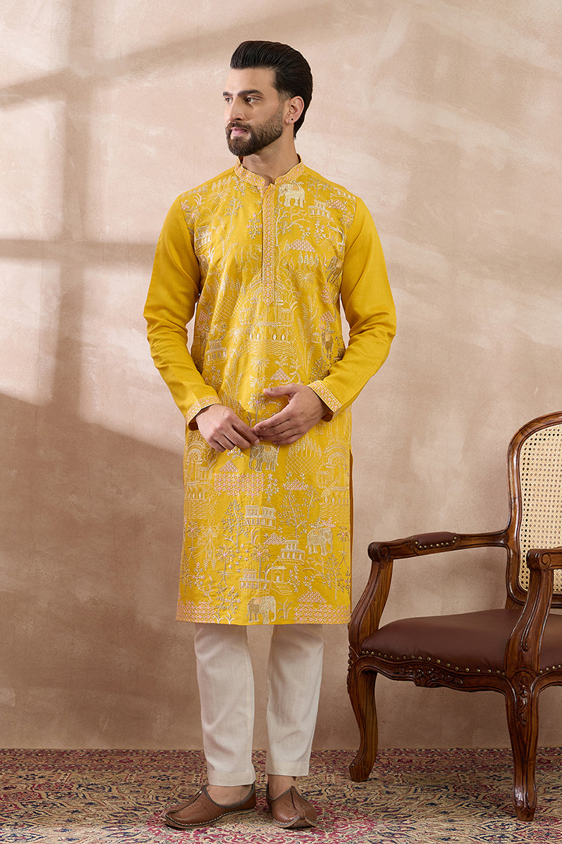 Yellow Silk Blend Embroidered Mandarin Collar Straight Kurta | SHOBITAM
