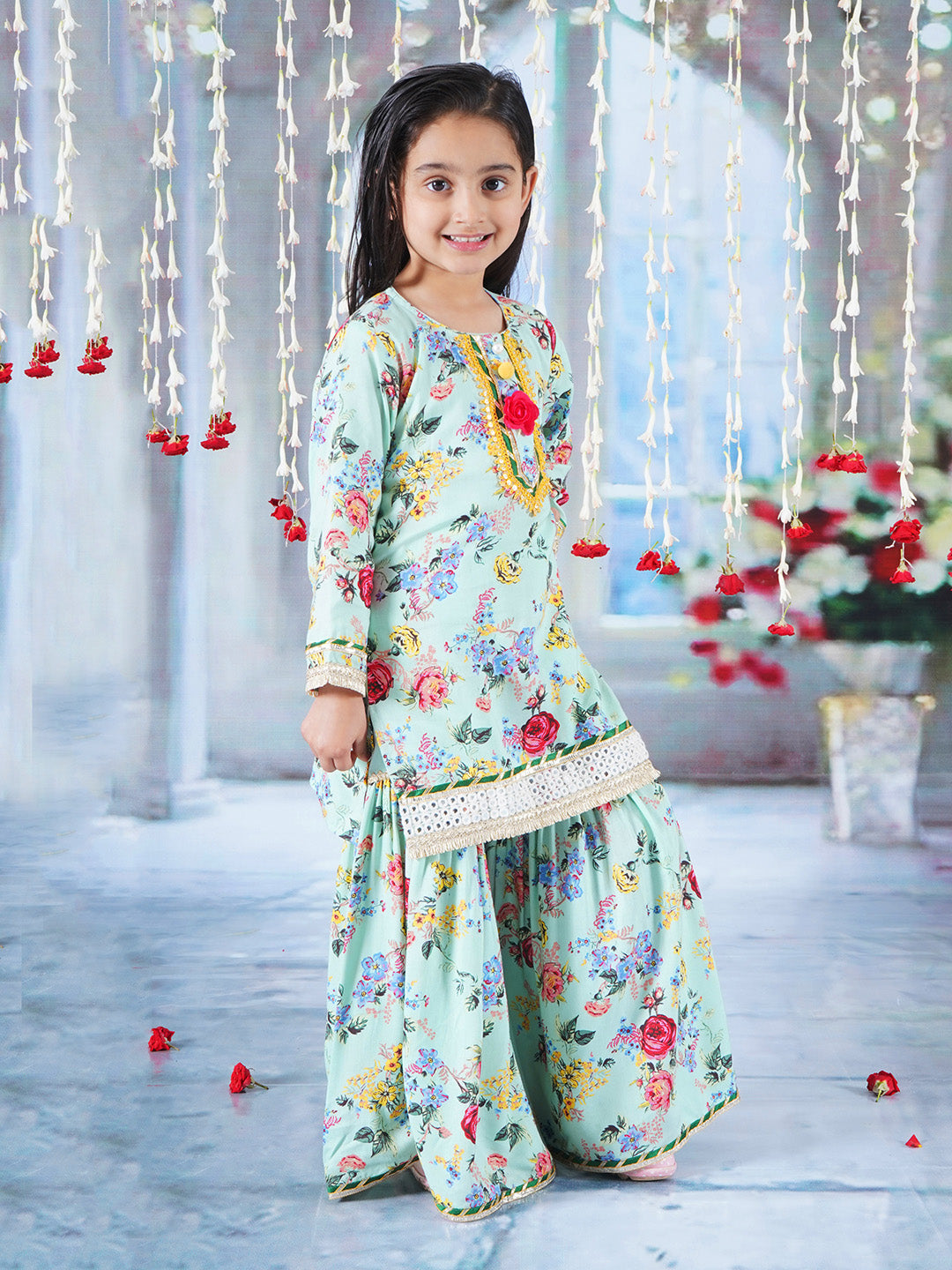 Girls Cotton Full Sleeves Kurta Sharara and Dupatta with Rose Floral Print, Lace & Floral Work - Green | SHOBITAM