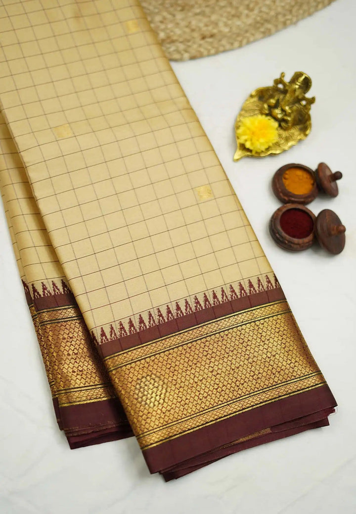 Beige Semi gadwal Saree with Maroon Contrast and Zari detailing| SHOBITAM