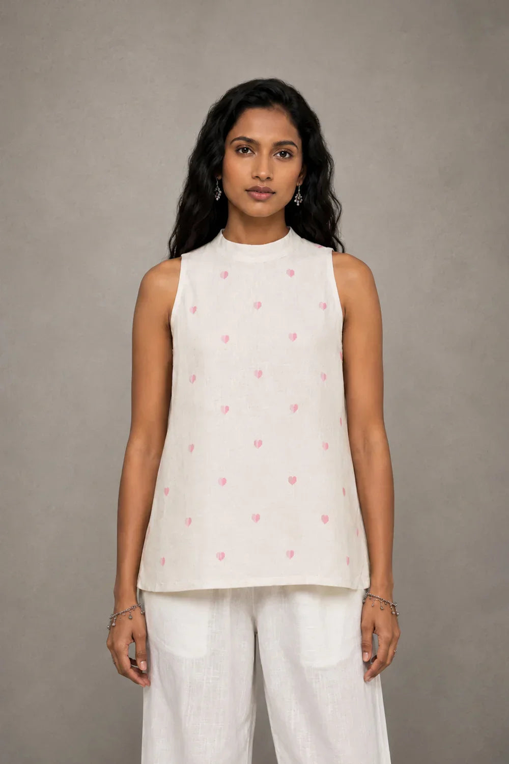 Off White Heart Woven Halter Top | SHOBITAM