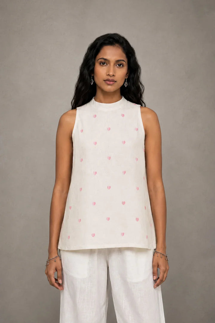 Off White Heart Woven Halter Top | SHOBITAM