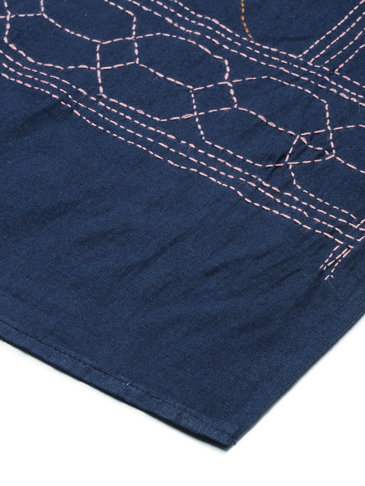 Navy Floral Kantha Cotton Dupatta | SHOBITAM