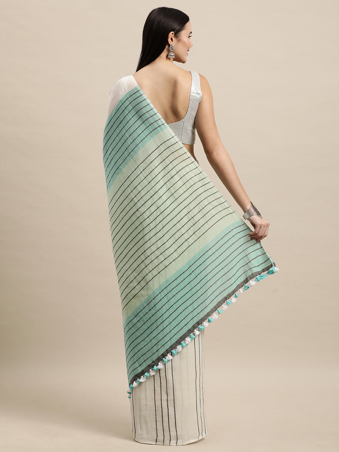 Handwoven Cotton Saree with pompoms | SHOBITAM