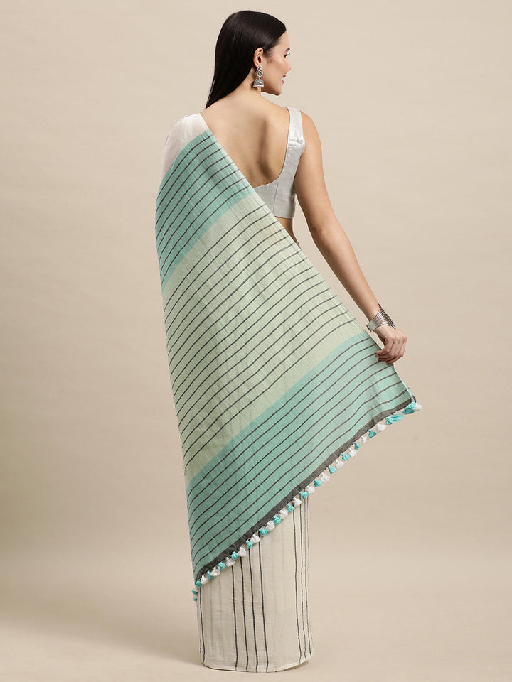 Handwoven Cotton Saree with pompoms | SHOBITAM