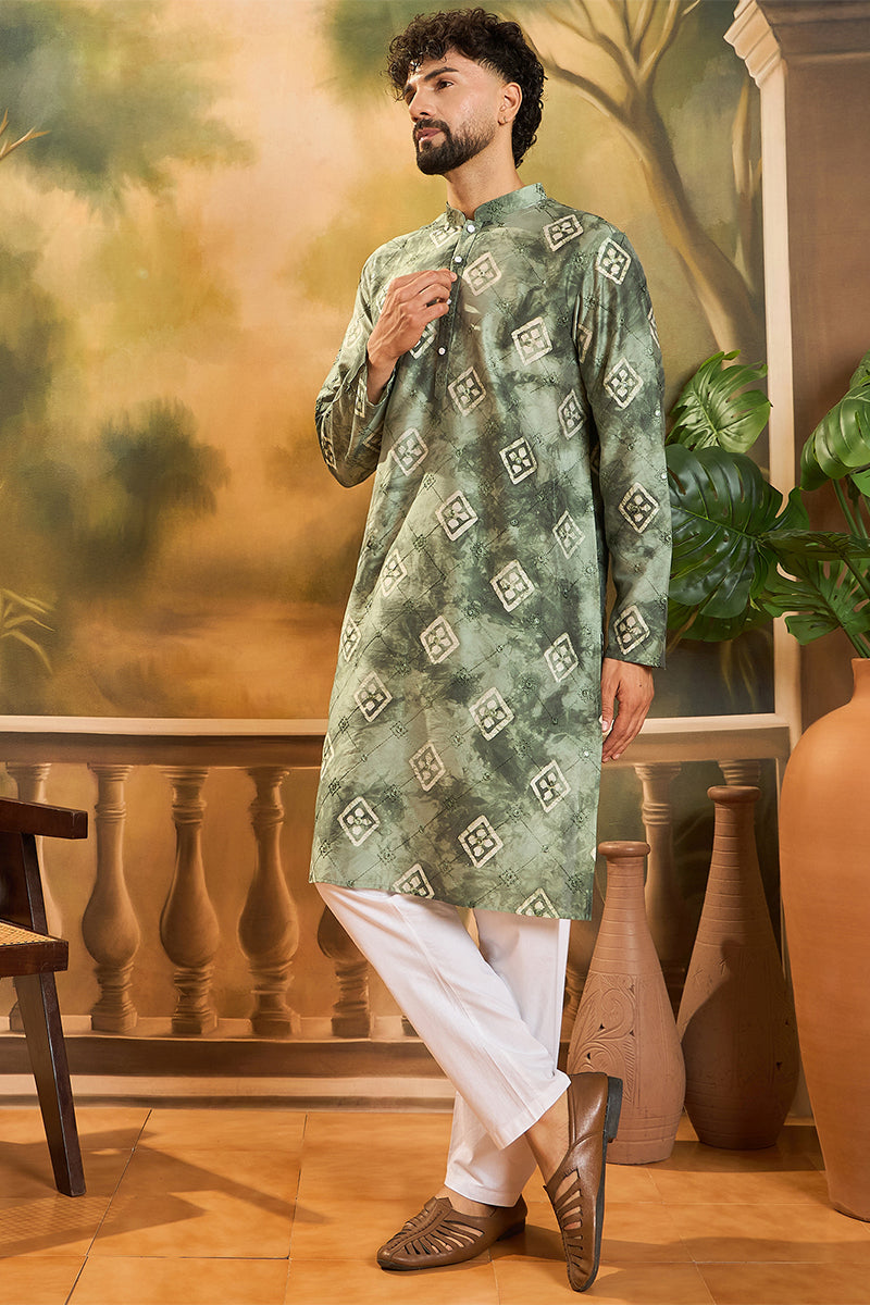 Green Silk Blend Batik Embroidered Straight Kurta with Trouser | SHOBITAM