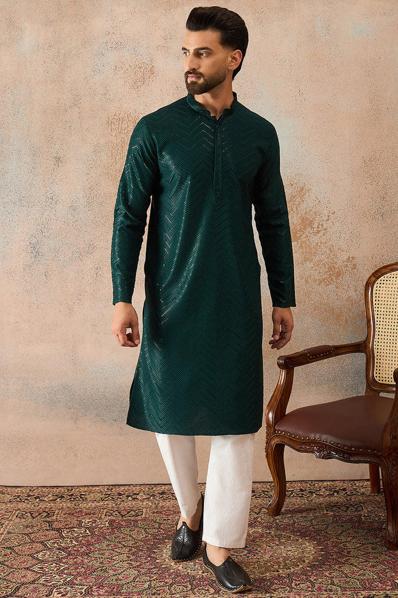 Green Rayon Embroidered Straight Kurta | SHOBITAM