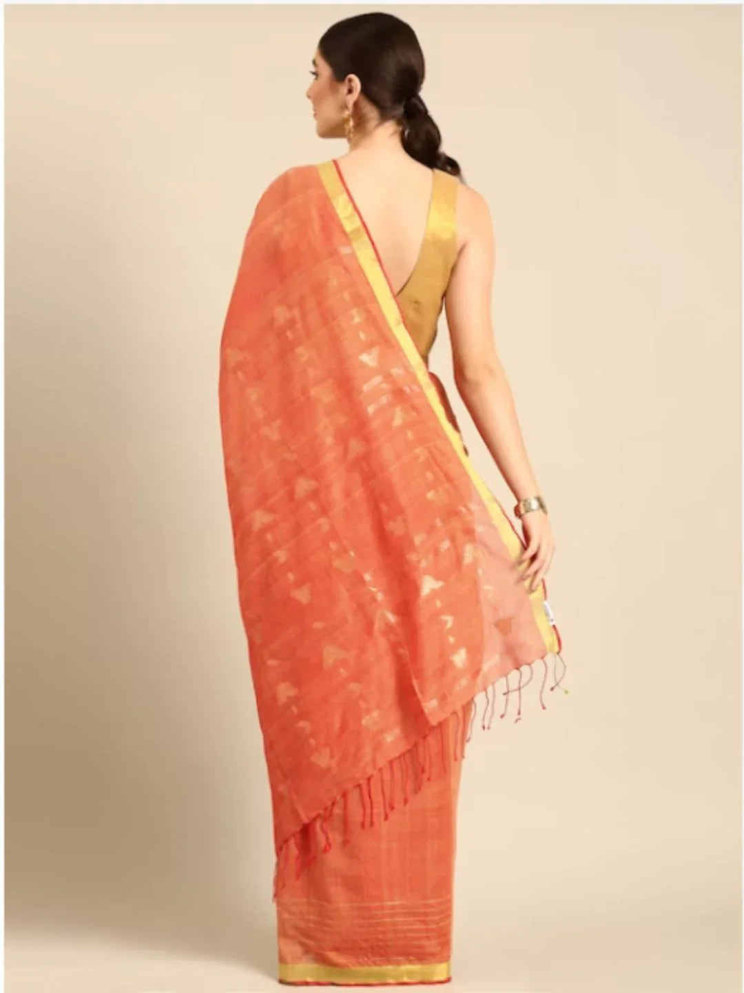 Orange Handloom Zari buti Jamdani Cotton Saree