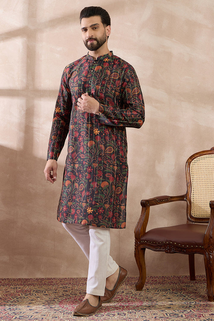 Black Silk Blend Embroidered Mandarin Collar Straight Kurta | SHOBITAM