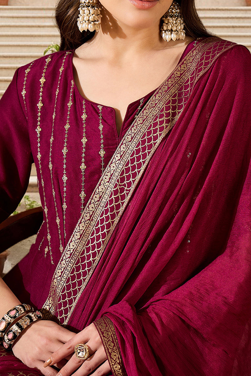 Magenta Silk Blend Woven Design Anarkali Suit Set | SHOBITAM