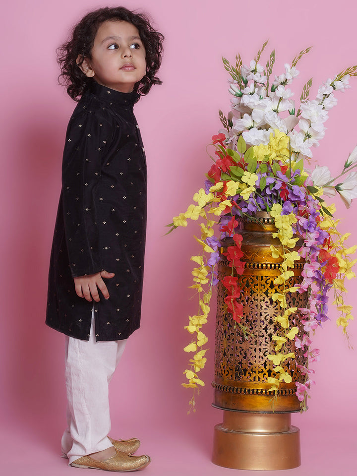 Cotton Silk Full Sleeves Zari Embroidered Kurta with Pyjama -Black | SHOBITAM