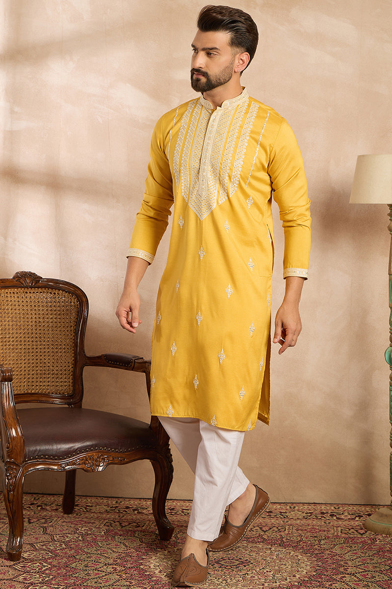Yellow Silk Blend Geometric Embroidered Straight Kurta | SHOBITAM