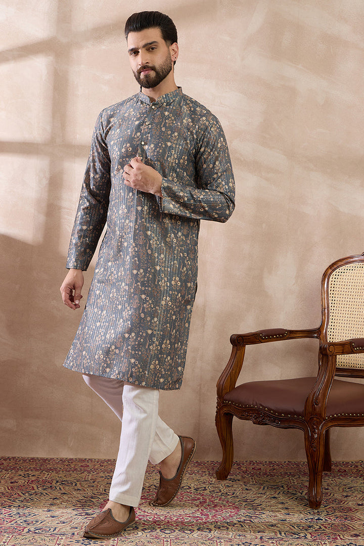 Grey Silk Blend Printed Mandarin Collar Straight Kurta For Men | SHOBITAM