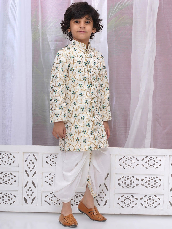 Boys Silk Brocade Full Sleeves Sherwani and Dhoti with Floral Embroidery & Kundan Buttons- Cream | SHOBITAM