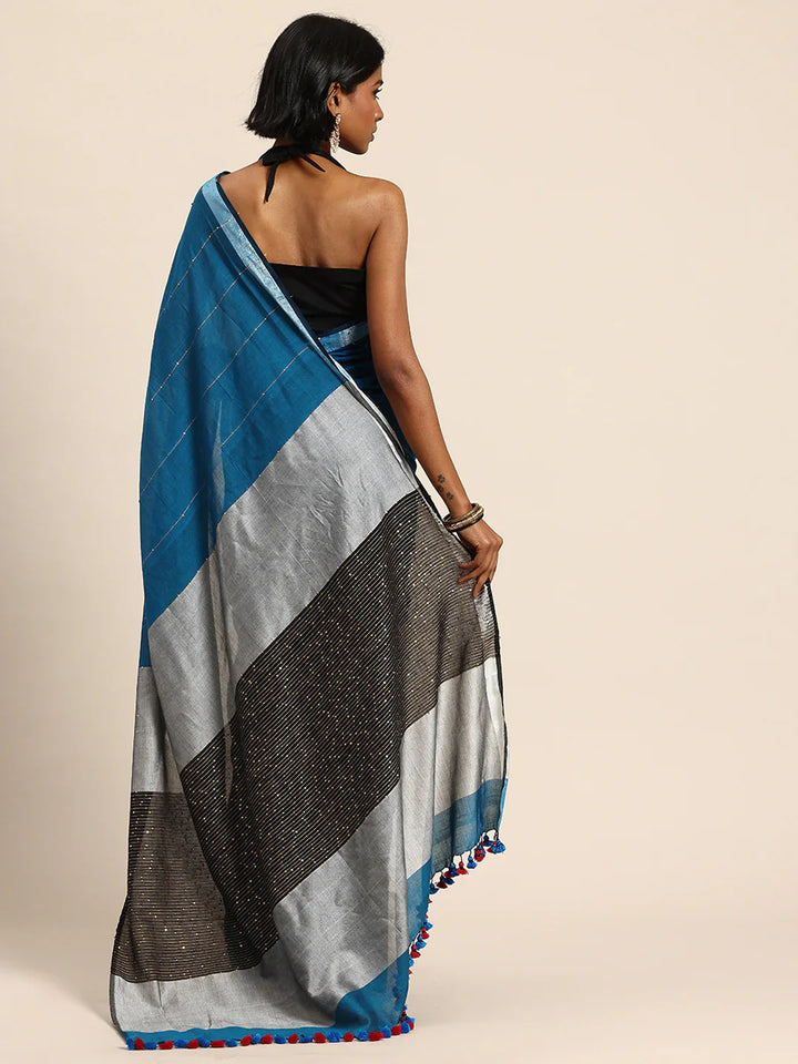 Blue Handloom Sequins Cotton Handloom Saree