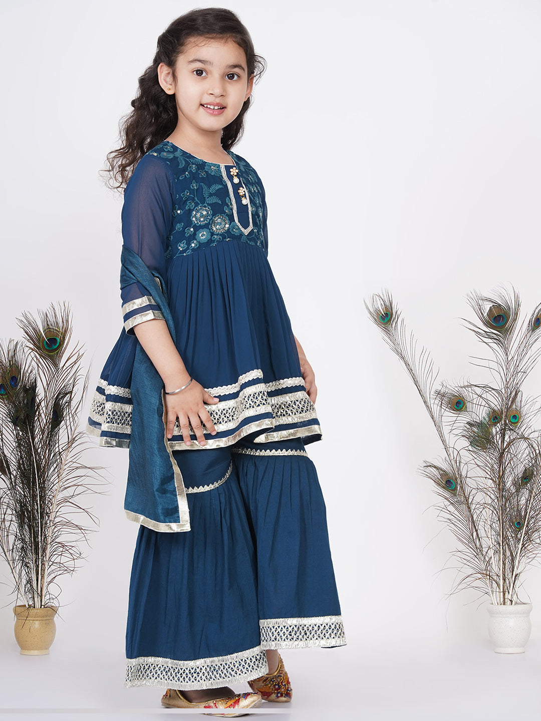 Girls jaipuri Lacework Kurta frock with Sharara and Dupatta - Nighttime Blue | SHOBITAM