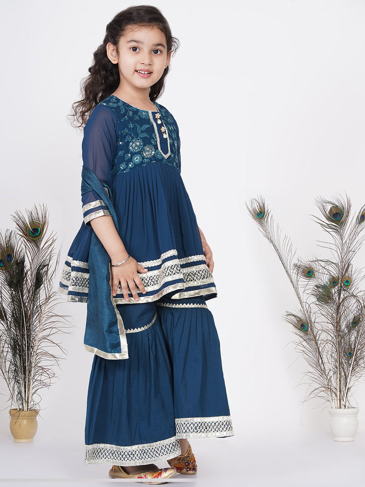 Girls jaipuri Lacework Kurta frock with Sharara and Dupatta - Nighttime Blue | SHOBITAM