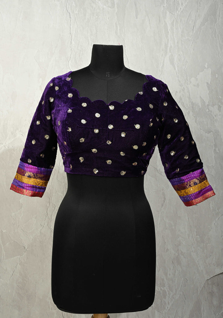 SIZE 40" Deep Purple Velvet 3/4 Sleeve Blouse with Sequins Buttas and Scallop Neckline