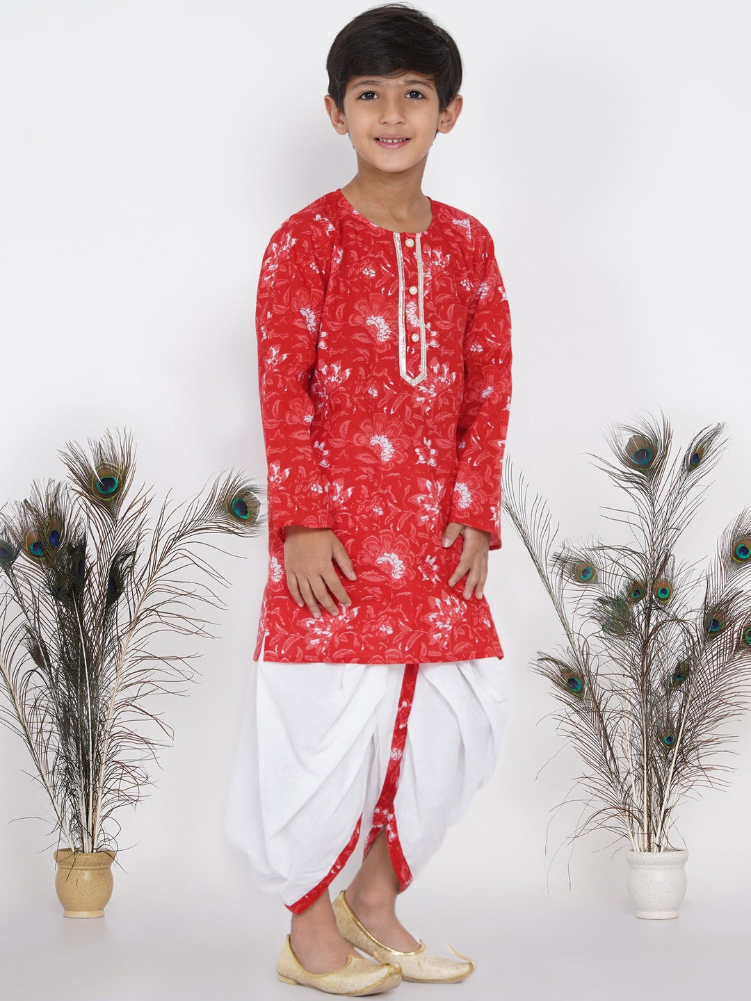 Boys Floral Kurta with Pearl Buttons and Dhoti in Red and White  | SHOBITAM