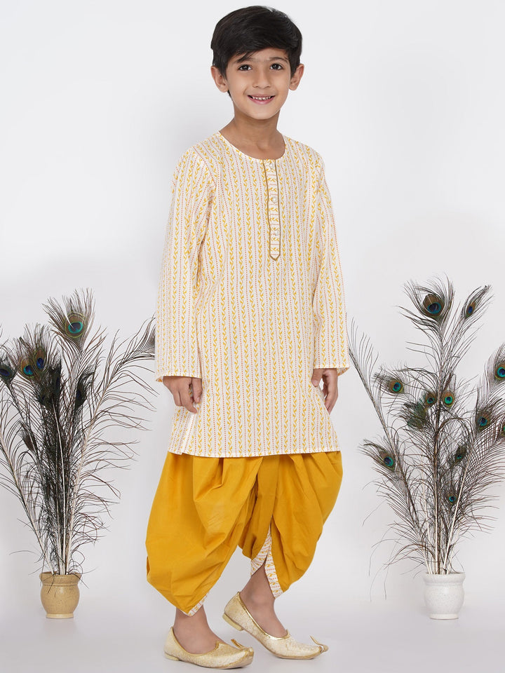 Boys Leaf Print Kurta with Pearl Buttons and Dhoti in Cream and yellow  | SHOBITAM