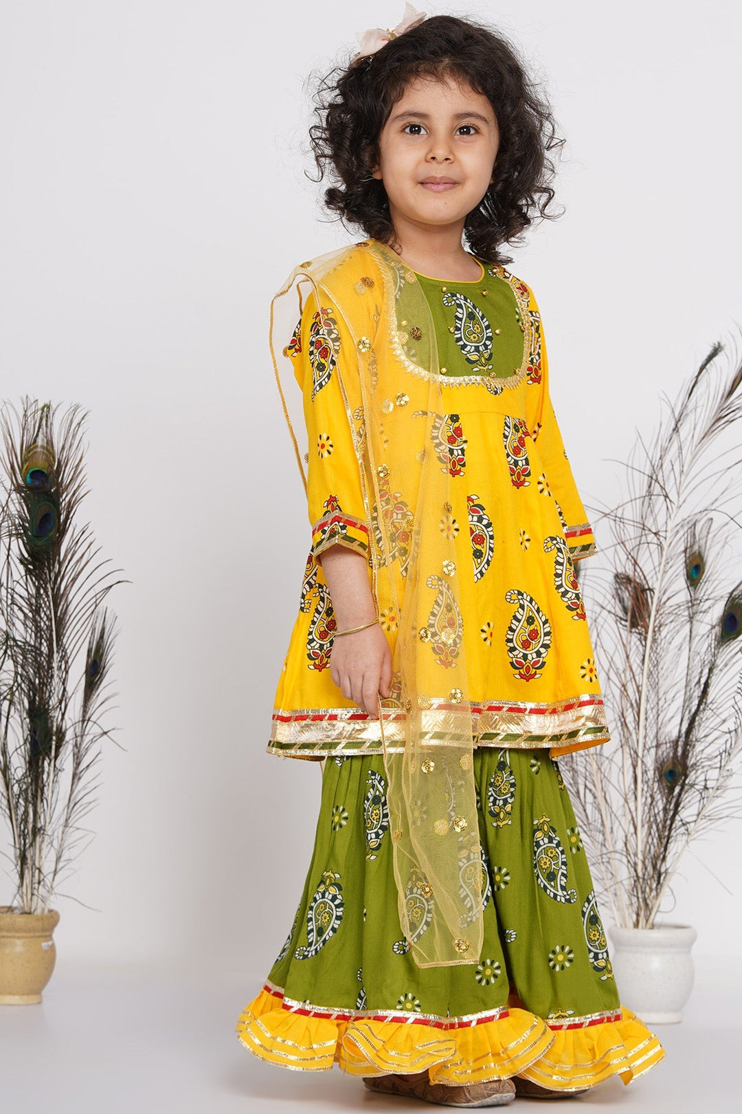 Girls Cotton Floral Jaipuri Kurta with Gunghroo work, Frill Sharara, and Dupatta | SHOBITAM