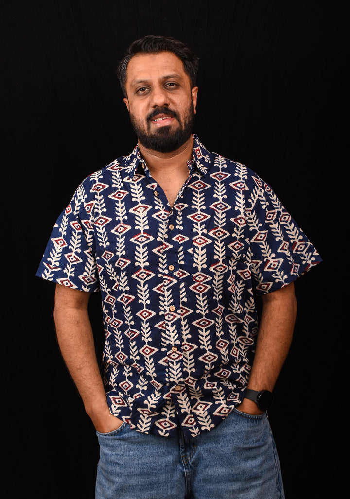 Blue White Red Handblock Printed Cotton Mens Shirt