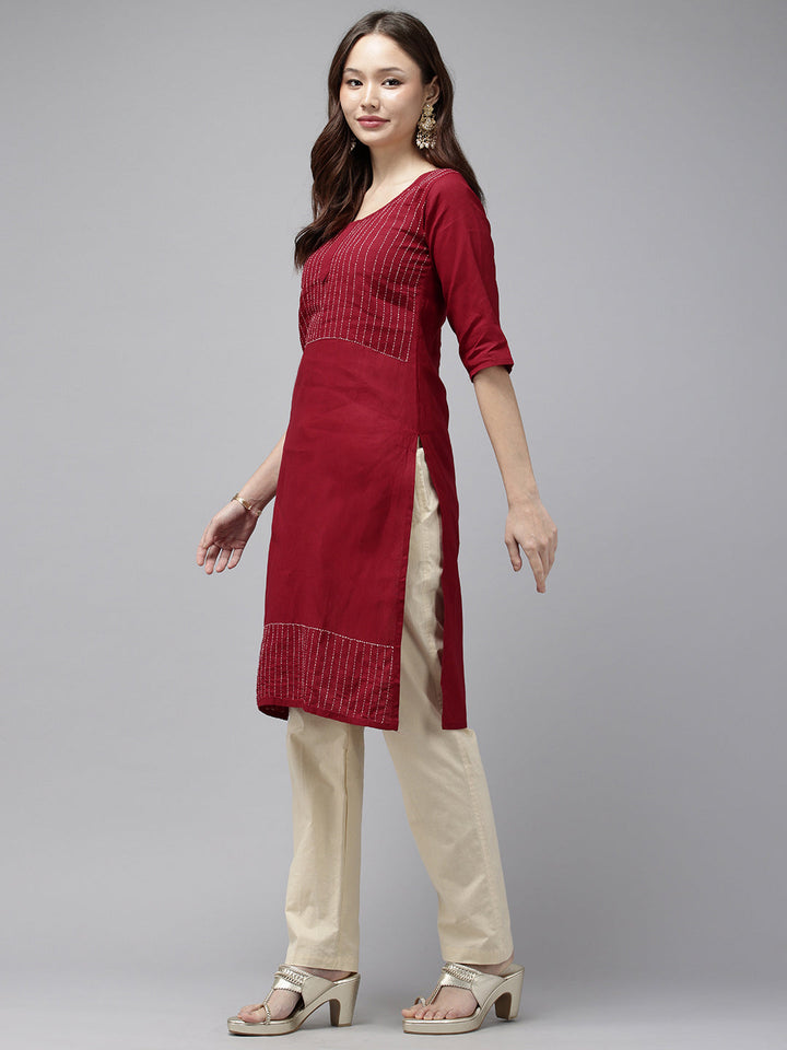 Maroon Kantha Cotton Kurta | SHOBITAM