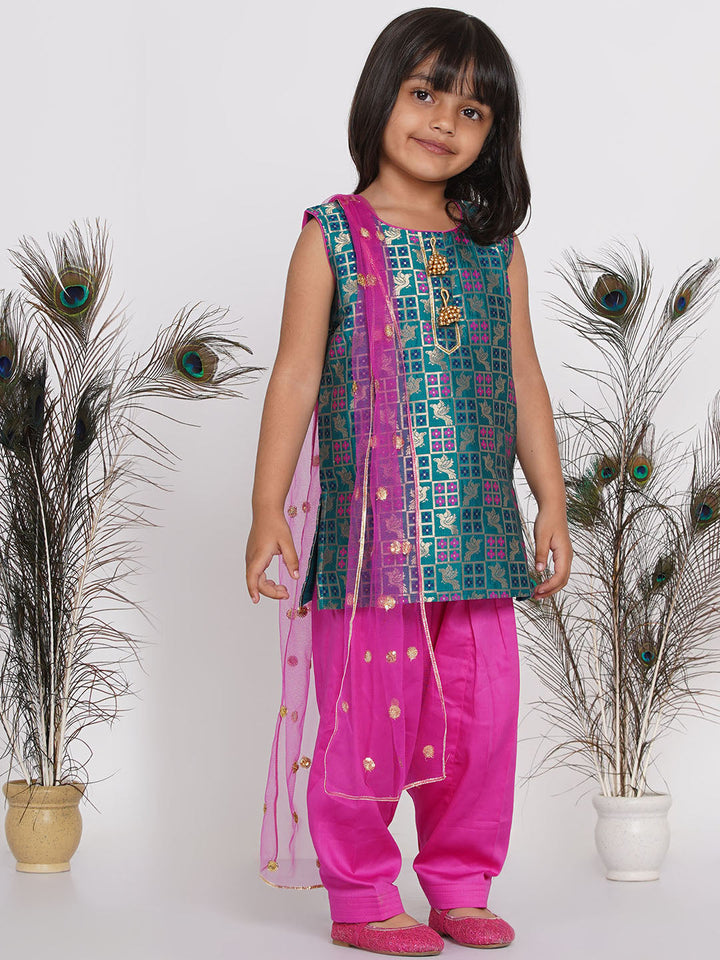 Girls Banarsi Kurta with Salwar and Dupatta - Peacock Green and Rani | SHOBITAM