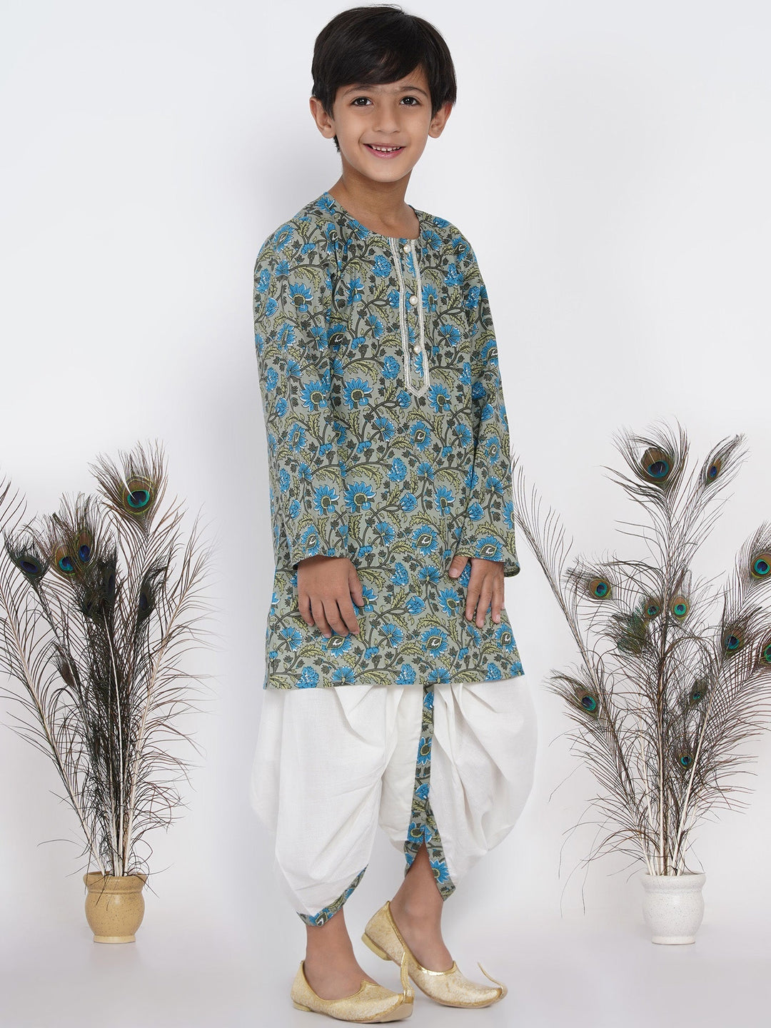 Boys Floral Kurta with Pearl Buttons and Dhoti in Sea Green and Cream  | SHOBITAM