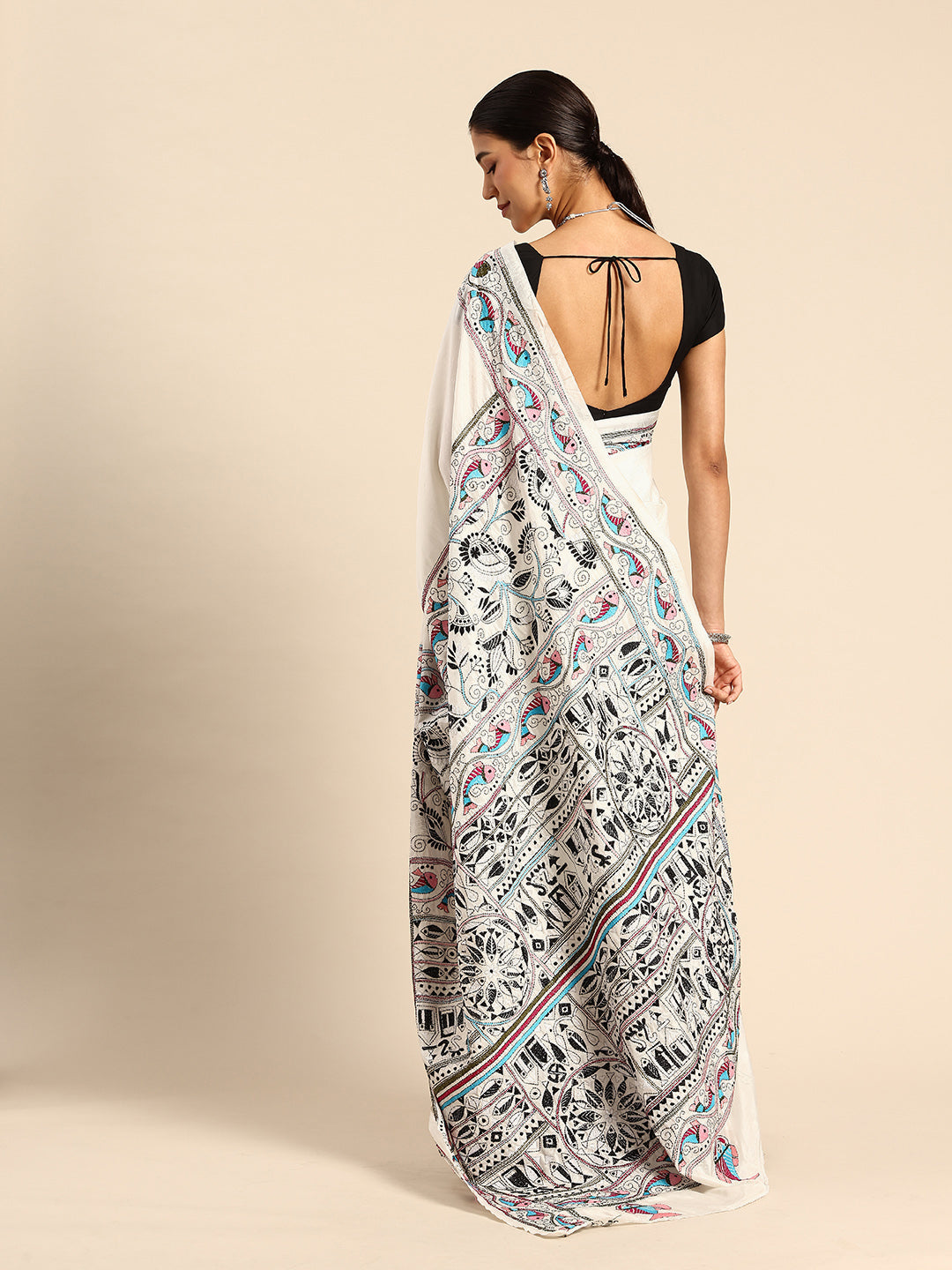 Handloom White Silk Kantha Saree with Blouse piece