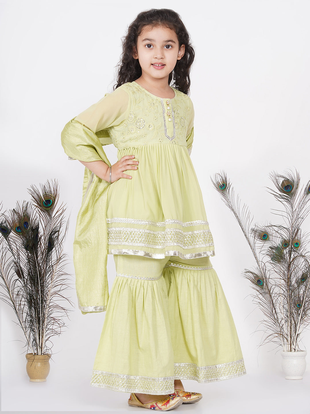 Girls jaipuri Lacework Kurta frock with Sharara and Dupatta - Classic Green | SHOBITAM
