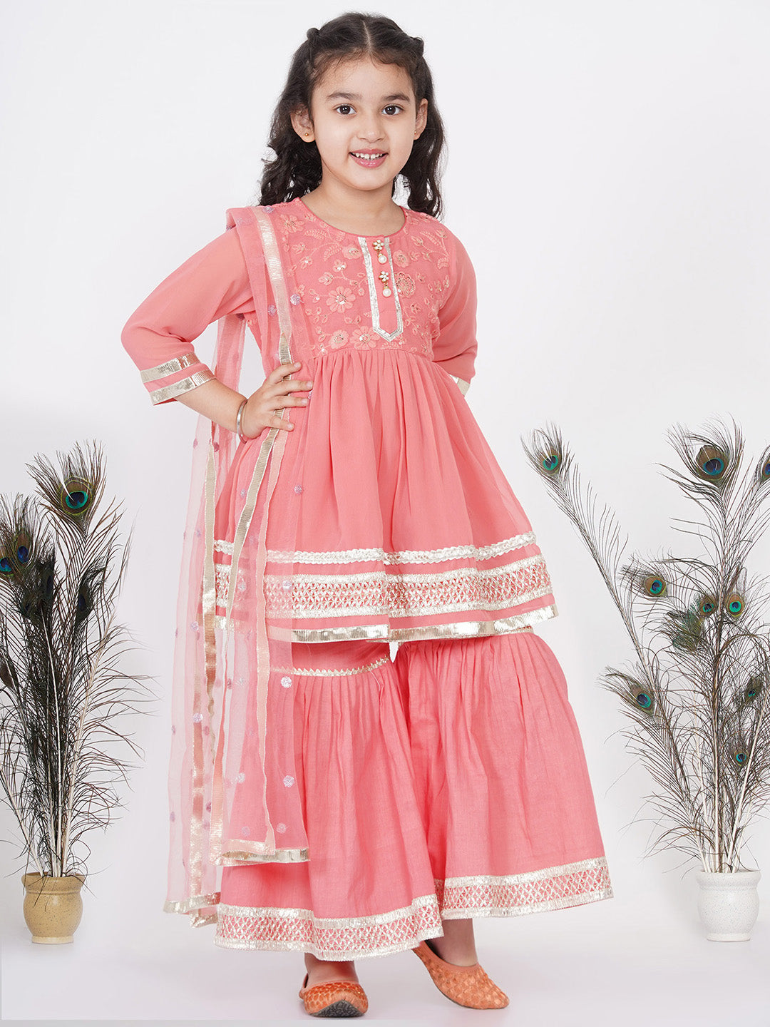 Girls jaipuri Lacework and Gotta Patti work Kurta frock with Sharara and Dupatta | SHOBITAM