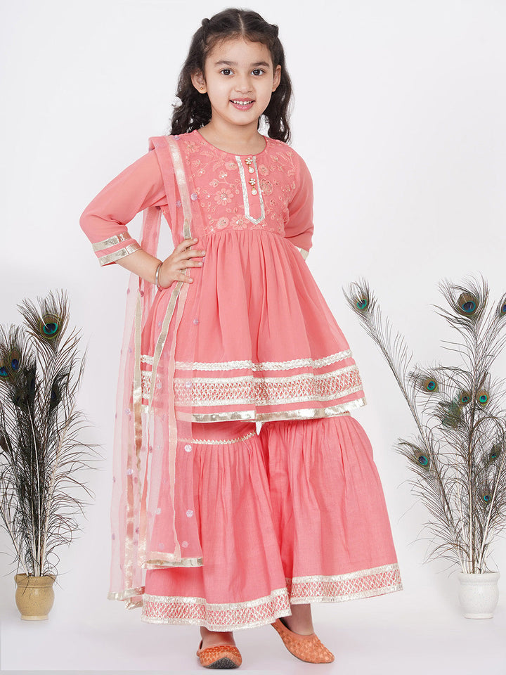 Girls jaipuri Lacework and Gotta Patti work Kurta frock with Sharara and Dupatta | SHOBITAM