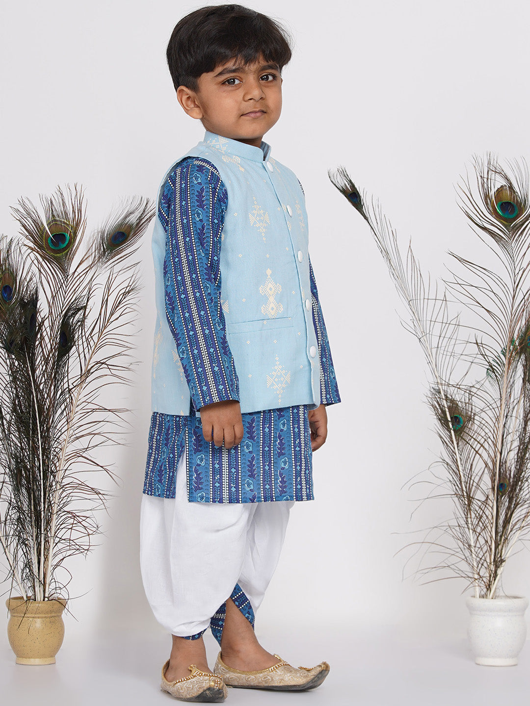 Boys Floral Indigo Kurta with Nehru Jacket and Marwari Dhoti  | SHOBITAM