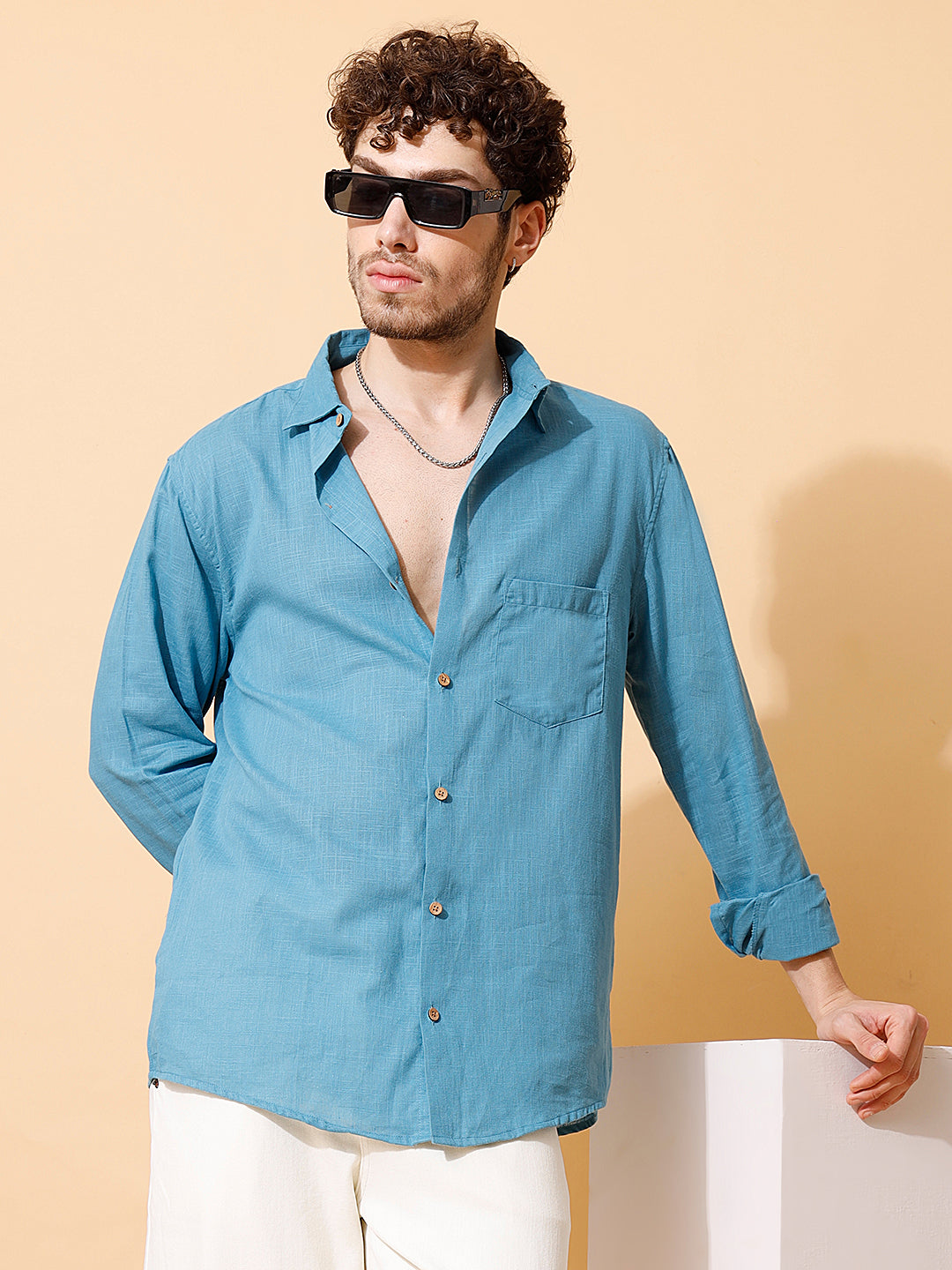 Men Handloom Cotton Solid Shirt in Blue