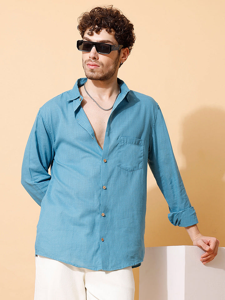 Men Handloom Cotton Solid Shirt in Blue