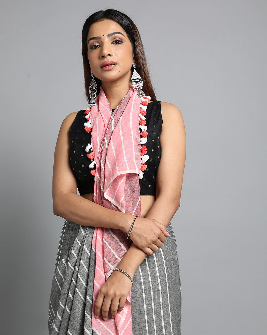 Gray Handwoven Cotton Saree with pompoms