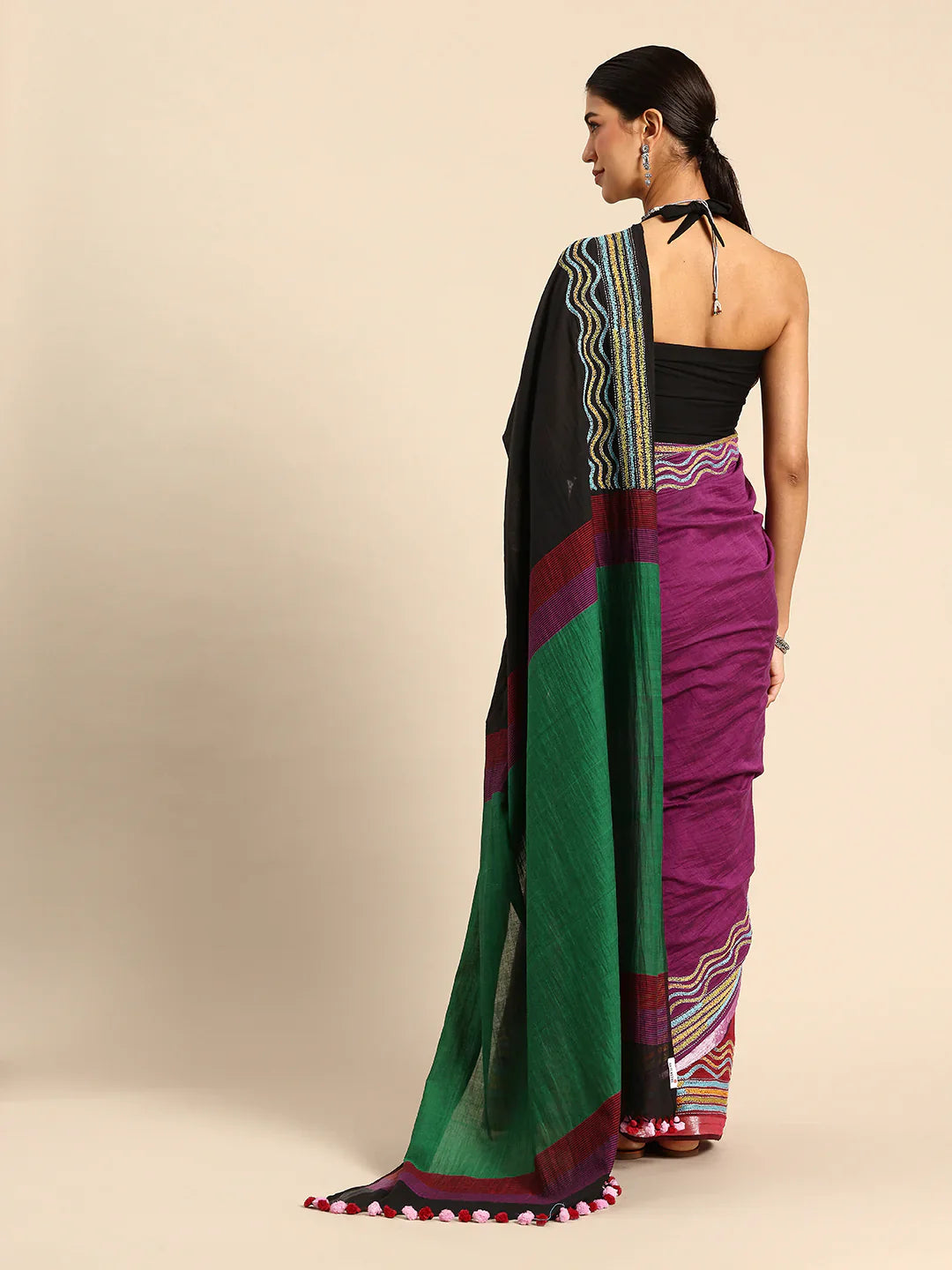 Handloom Black Magenta Colorblock Cotton Kantha Saree