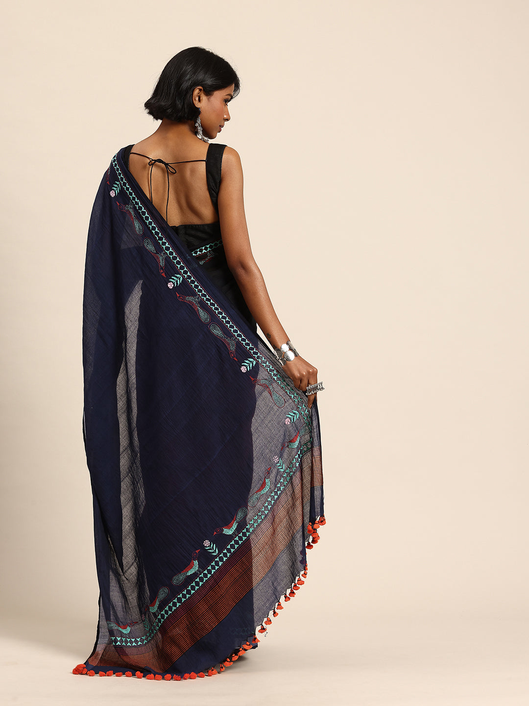 Handloom Navy Colour Block Cotton Kantha Saree | SHOBITAM